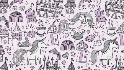 Hand drawn princess doodle seamless pattern. Beauty pattern with cute girl princess accessories, fairy unicorn, castle. Doodle background, wallpaper. Vector illustration.