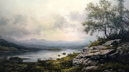 Fototapeta premium Lakeside landscape, tranquil scene, mountains, overcast sky