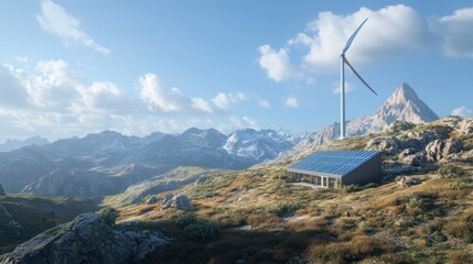 Sustainable mountain hut with solar panels and wind turbine