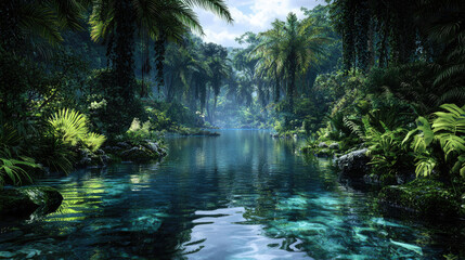 Serene tropical rainforest landscape with a tranquil river reflecting lush greenery and sunlight