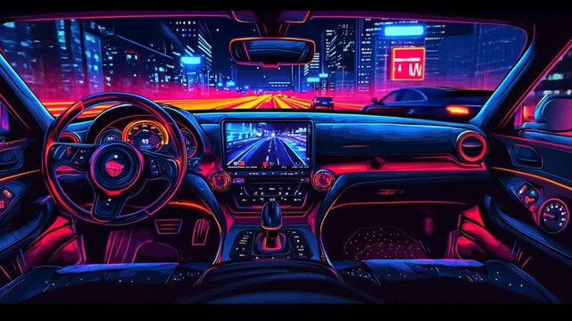 Night drive, city skyline, neon lights, car interior, futuristic
