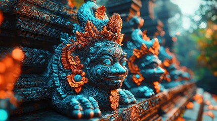 Fototapeta premium Balinese temple guardians, ornate stone carvings, Indonesian temple, lush forest background