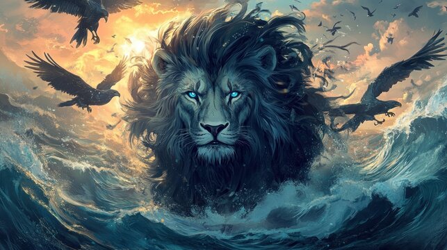 Mythical lion, sea, ravens, sunset, fantasy artwork, powerful image, inspiring art, majestic animal, epic scene, creative illustration