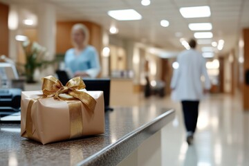 A thoughtful gift package sits on a counter in a medical setting, embodying the warm human connection and care between healthcare providers and patients.