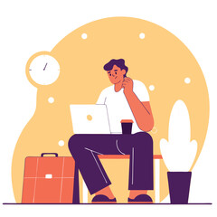 A young European man is sitting in a modern workspace, working on a laptop, surrounded by plants and a suitcase, conveying a sense of productivity.