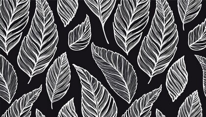 Floral leaf seamless black pattern vector background. Hand drawn crayon abstract texture paint tree leaf seamless brush pattern. Black, white texture leaves floral print. Vector