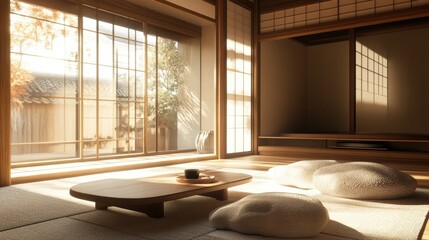 Fototapeta premium Serene japanese room with soft light and tranquil atmosphere