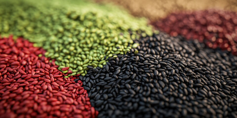 A detailed view of visually striking grains in various colors, showcasing a rich palette of reds, greens, and blacks arranged in a patterned display