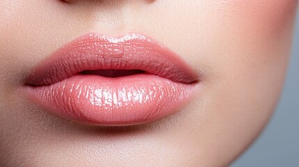 Fototapeta premium Close-Up of Smooth Glossy Lips with Soft Pink Lipstick Shine