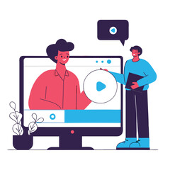 An illustration depicting two people with a digital screen showing a play button. The style is cartoonish and modern, featuring various colors.