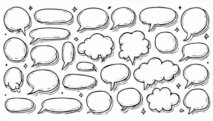 Hand drawn speech bubble set. Sketch comic doodle style speech bubble for text quote. Doodle outline dialog balloon. Vector illustration.