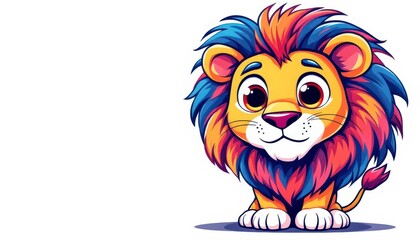 Naklejka premium Cute Cartoon Lion Cub Sitting with Bright Colorful Mane Illustration for Graphic Resource and Text Overlay Purpose Purpose