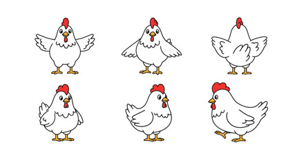 Chicken character design with minimal style showcasing various poses in vector art
