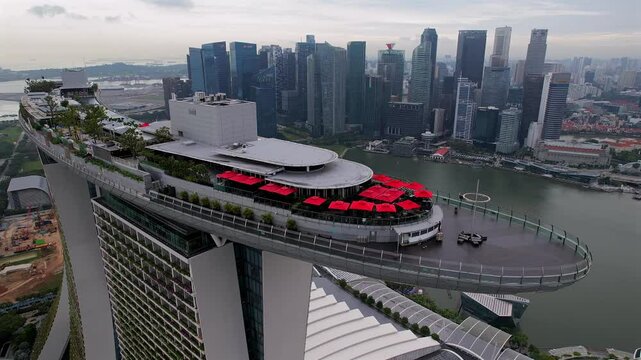 Aerial view of the Marina bay Sands in Singapore of the Sky Deck and Infinity Pool
