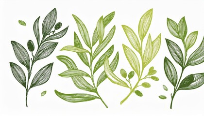 Fototapeta premium Leaf brush hand drawn ink elements. Green crayon texture brush abstract olive, flower, leaf abstract hand drawn illustration. Brush branch, botanical floral silhouette vector illustration