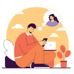 A young european person sits comfortably while using a smartphone, surrounded by plants in a cozy environment, reflecting a blend of technology and nature.