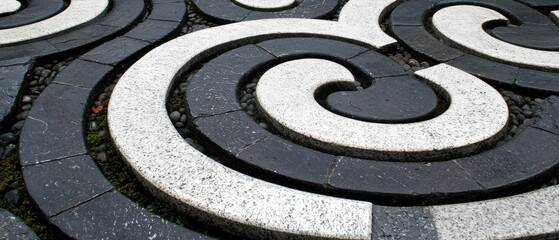 A spiral pattern of black and white tiles