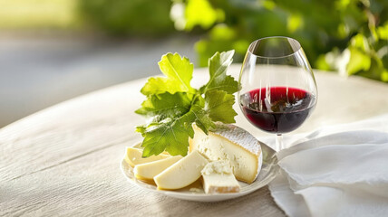 sophisticated wine and cheese pairing with fresh grapes and glass of red wine. Enjoy rich flavors and textures in this delightful setting