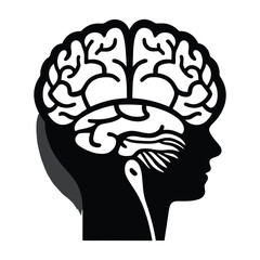 A bold, graphic black and white illustration of a side view of a human head with the internal brain structure visible.