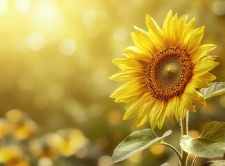 Fototapeta premium Beautiful sunflowers blooming in the field on a sunny day, close-up view.