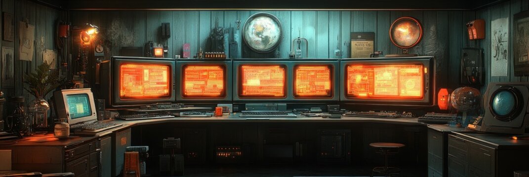 Retro futuristic workspace glowing screens vintage technology