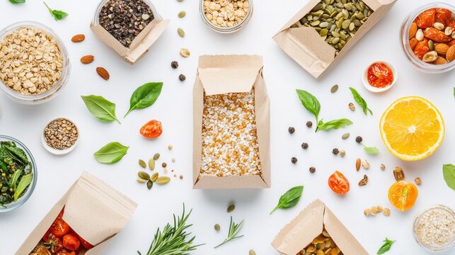 Arranged in a vibrant display, eco-friendly boxes are filled with nourishing seeds, nuts, dried fruits, and fresh herbs, celebrating healthy eating and sustainability in a kitchen setting