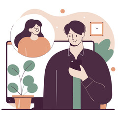 Obraz premium A digital illustration showing a man interacting with a woman on a computer screen. The scene depicts remote communication and teamwork.