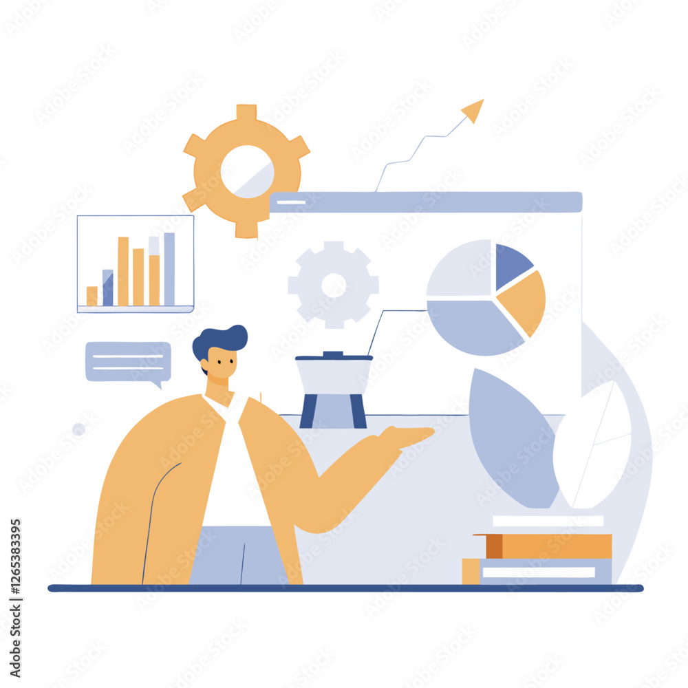 Poster a cartoon illustration showing a businessman analyzing data with various charts and graphs. the styl