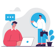 A flat cartoon illustration depicting a multicultural business meeting with one person presenting to another at a laptop. It features diverse individuals.