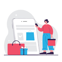 A modern illustration depicting a man and woman engaging in online shopping with colorful shopping bags, representing diverse environments.
