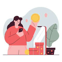 Fototapeta premium An illustrated woman with wavy hair, dressed in a light blue sweater, uses her phone while holding a blue circle against a modern background of shapes.