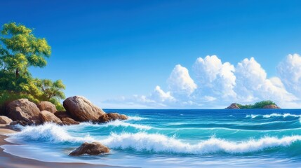 Fototapeta premium A serene coastal landscape featuring gentle waves lapping against rocky shores, vibrant greenery in the background, and a clear blue sky dotted with fluffy white clouds.