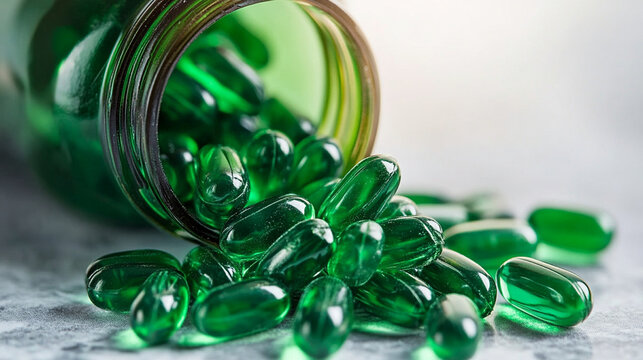 food supplement with green soft gel capsules spilling out	
