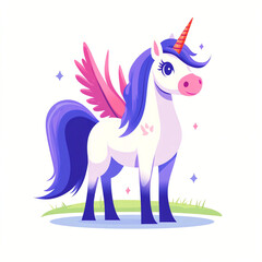 A vibrant unicorn with a pink horn and purple mane is proudly standing on a grassy area. Its wings are spread wide, and sparkles enhance the magical atmosphere.