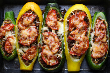 Metal sheet with stuffed zucchini boats after baking in the oven. Rustic food styling idea