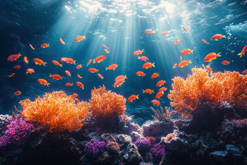 Fototapeta premium Vibrant coral reef ecosystem with colorful fish swimming under sunlit waters.