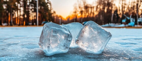 Three ice cubes are sitting on top of a frozen lake