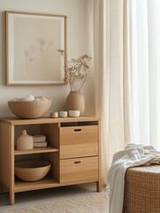 Modern light wooden cabinet with drawers and shelves pictured