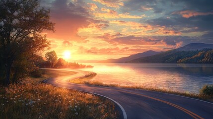 Fototapeta premium Sunset Drive by the Lake: A Serene Journey