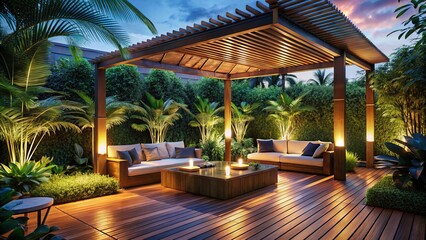 Fototapeta premium Tropical spa terrace, bamboo pergola, opulent.