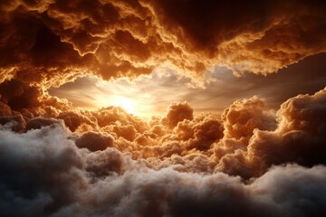 Obraz premium A breathtaking view of a fiery sky with dramatic cloud formations and a radiant sunset, evoking a sense of wonder and beauty in nature's spectacle.