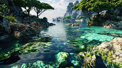 Serene coastal landscape with crystal-clear water reflecting rocky formations and lush greenery