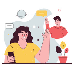 A vector illustration showing diverse characters interacting through digital devices, with engaging expressions and styles, set against a vibrant background.