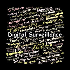 Fototapeta premium Digital Surveillance Word Cloud. Key Terms in Cybersecurity & Privacy