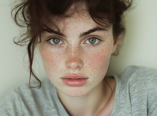 Portrait of Young Woman with Freklesses. Close up of a Face. Genrative AI