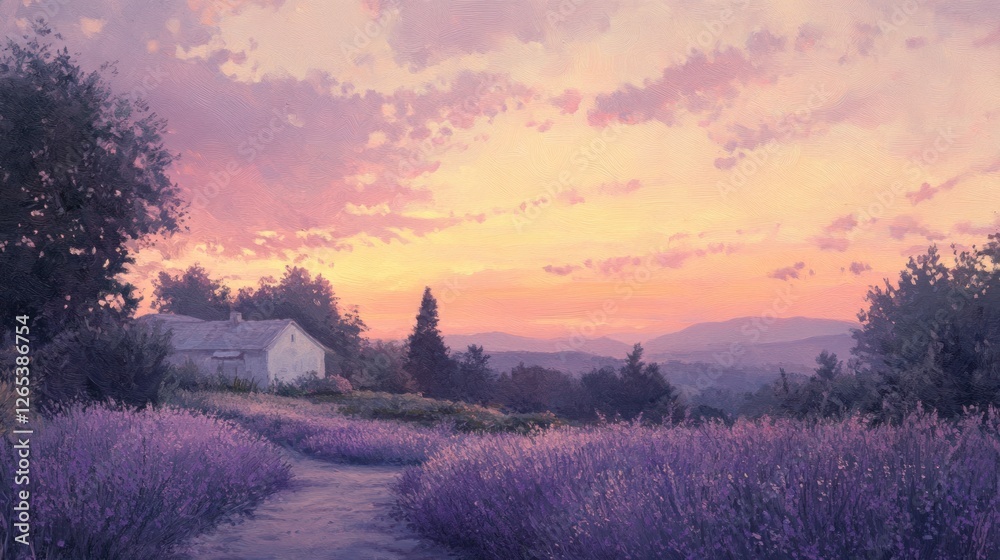 Canvas Prints Lavender field sunset farmhouse