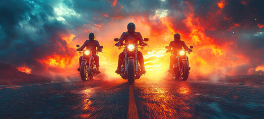 Fototapeta premium Three motorcyclists ride on open road with fiery skies and dramatic lighting.