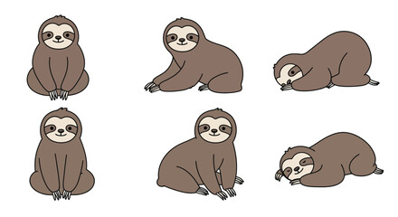 Sloth character illustrations showcasing different poses in flat vector art