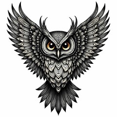 Obraz premium Detailed black and white owl illustration with intricate patterns and bold features in tattoo style. Generative AI