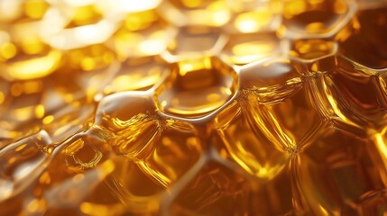Natural honeycomb structure glistening with golden honey under soft light in a natural setting